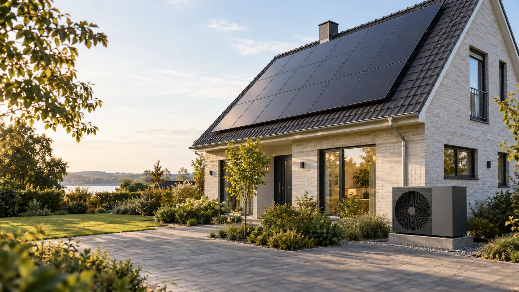 KI-Visualisierung eines Hauses mit Photovoltaik auf dem Dach und einer grauen Wärmepumpe davor