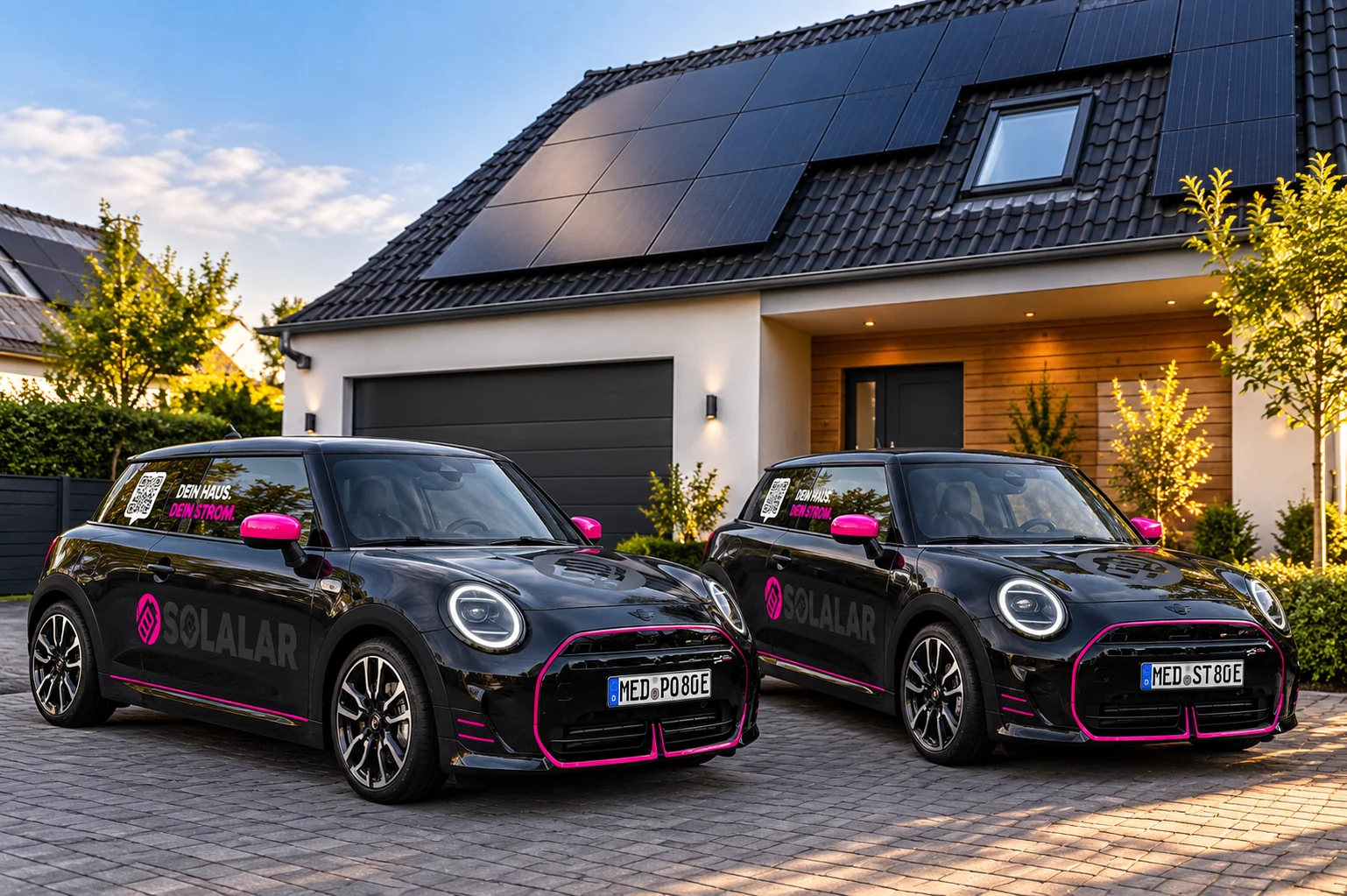 Visualisierung: Zwei SOLALAR-Minis vor einem Haus mit Photovoltaik